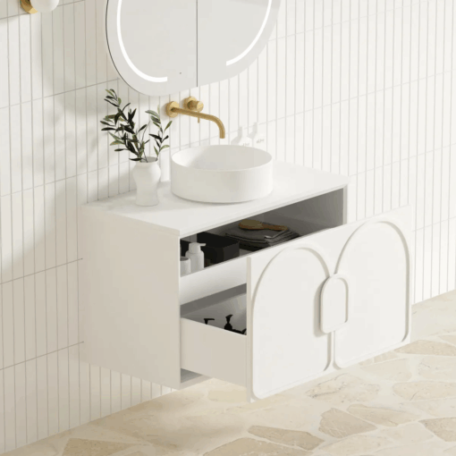 Laguna 900mm Matt White Wall Hung Vanity Cabinet 6 bathroom tiles
