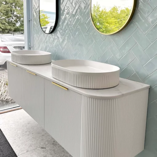 Bondi 1800mm Satin White Fluted Wall Hung Curve Vanity 8 bathroom tiles